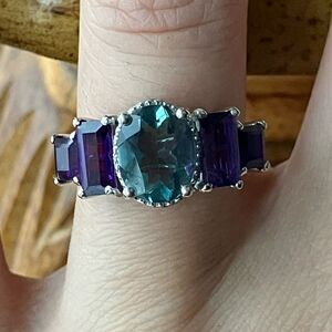 Teal Color Changing Fluorite Amethyst Art Deco Ring Size 6